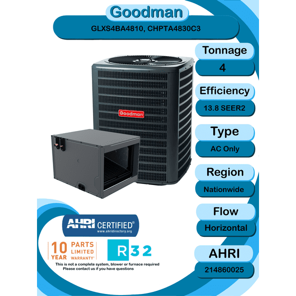 Goodman 4 ton 13.8 SEER2 Partial Split System with horizontal coil with install accessories! (GLXS4BA4810 CHPTA4830C3)