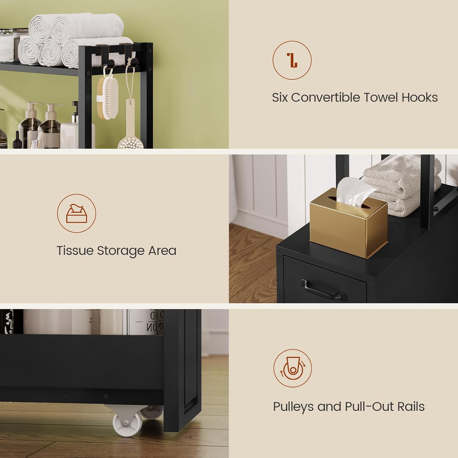 Weiplehoom Over the Toilet Storage Cabinet with Wheeled Drawer Trolley & 3-tier Open Shelves, Bathroom Organizer with 6 Hooks, Storage Rack for Restroom, Bathroom, Laundry, Plant Stand, Black