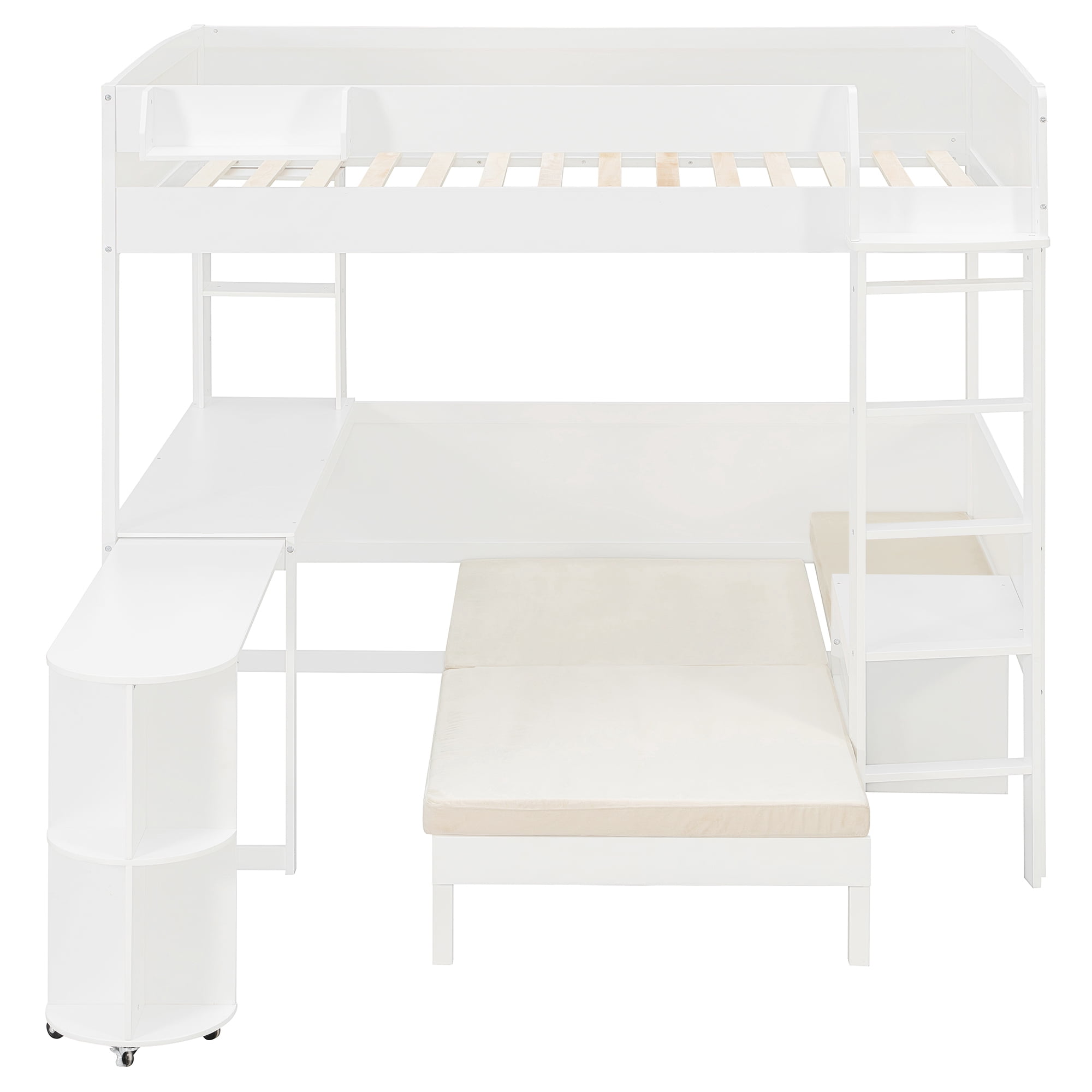 Mintazer Full Size Loft Bed with Desk, LED Light, Bedside Storage Shelf & Sofa Bed Space Saving for Apartment, Bedroom, White