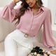 thumbnail image 4 of Camisa de manga abullonada, cuello vuelto, holgada, cómoda, manga larga, camisa de color puro para oficina, trabajo, hogar, ocio, gris rosado pálido M, 4 of 9