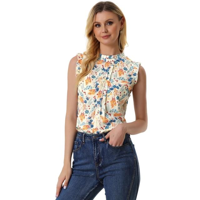 Blusa elegante Allegra K Sin mangas Vintage de la Década de 1950 con volantes para Oficina de Negocios Mujer Blanco Azul Floral XL
