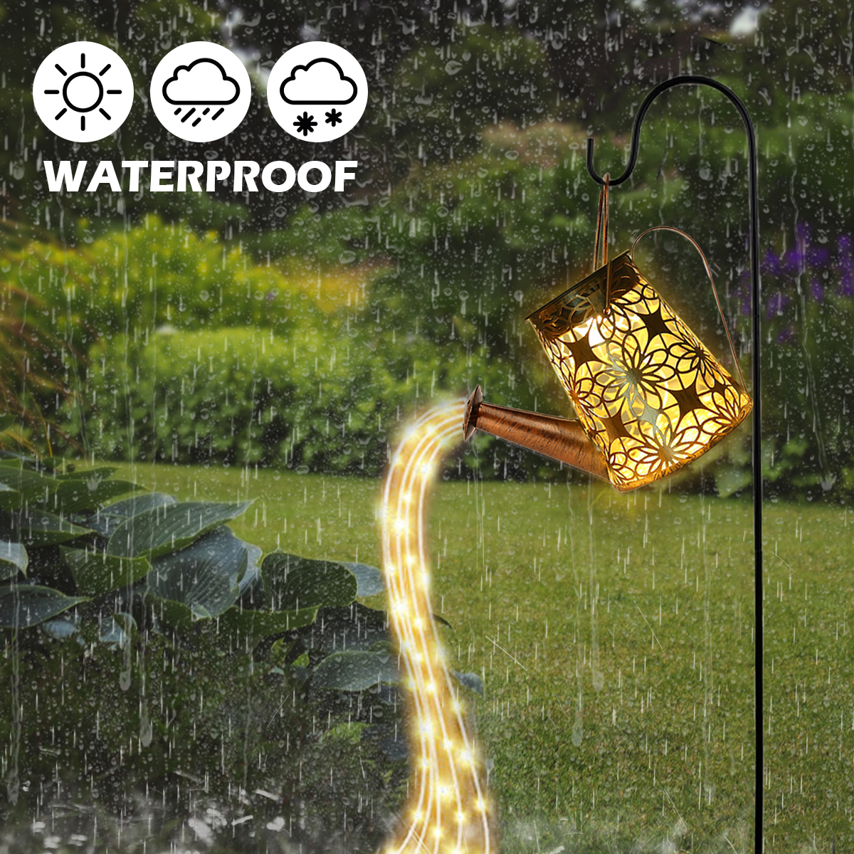 Eummy Solar Watering Can Lamp Hanging LED Waterfall Watering Can Art Lights  Retro Copper Stake Light Waterproof Fairy String Light for Outdoor Garden 