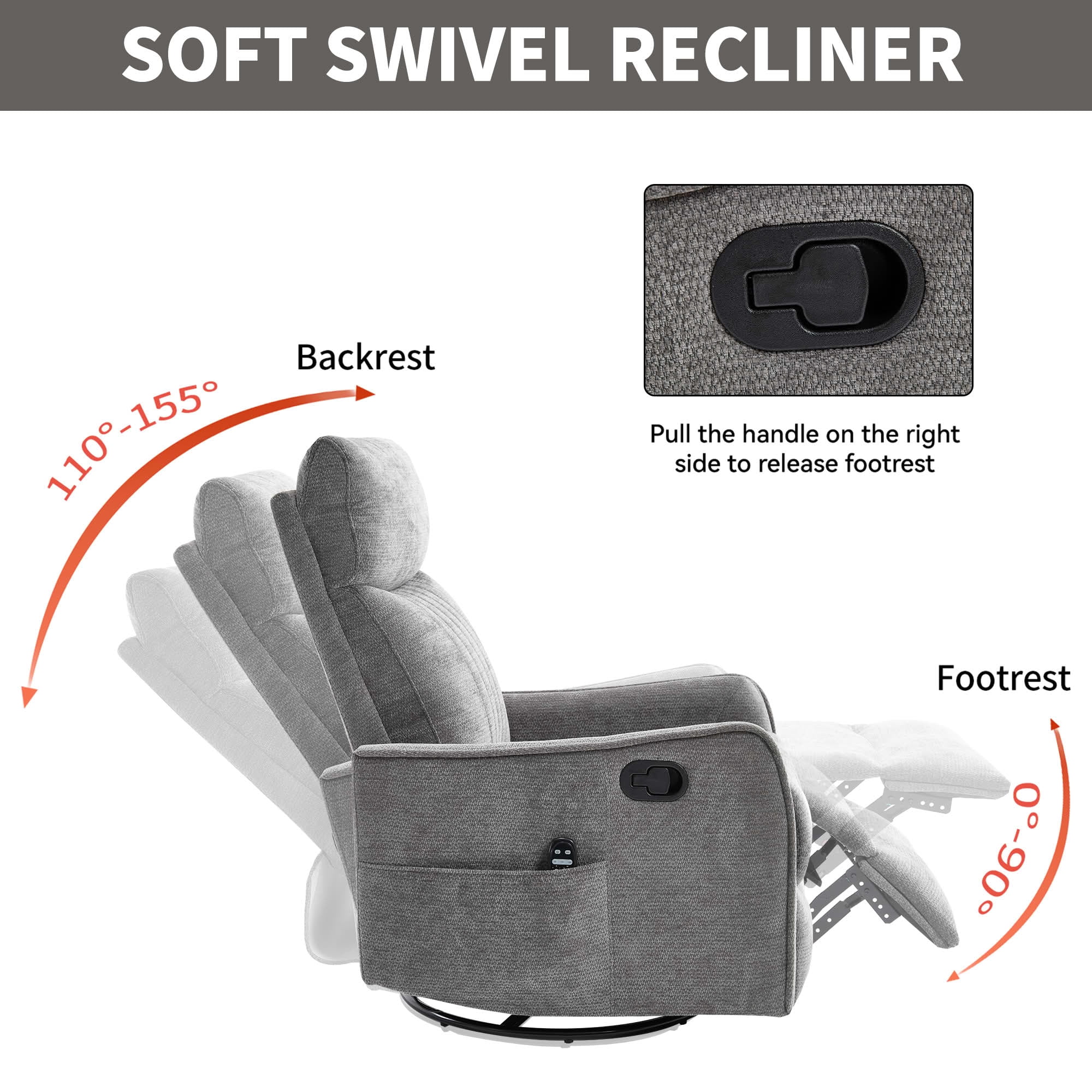 MAYEERTY Dark Grey Chenille Heat Massage Recliner Chair, 360° Swivel Rocker for Living Room