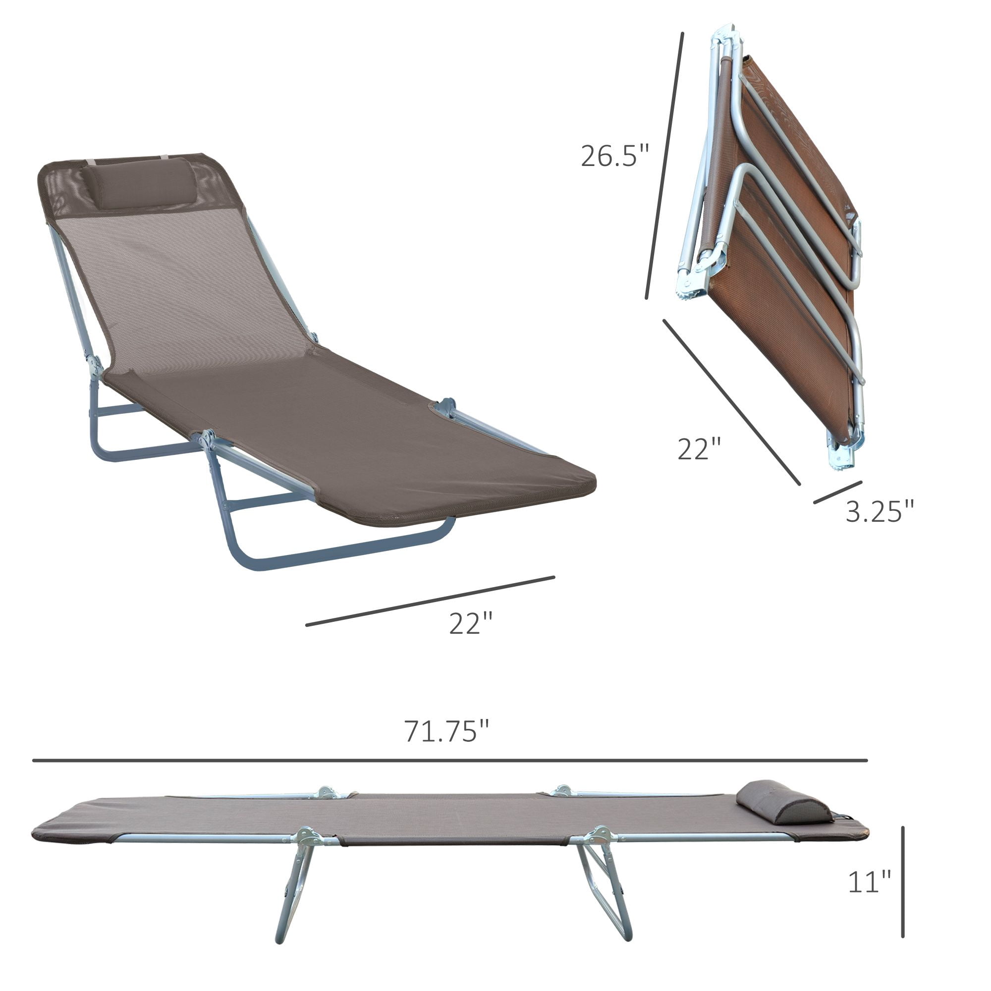 5-Position Reclining Folding Mesh Lounge Chair with Pillow, Powder Coated Steel Portable Outdoor Chaise Lounge Supports 264 LBS for Poolside Beach Patio