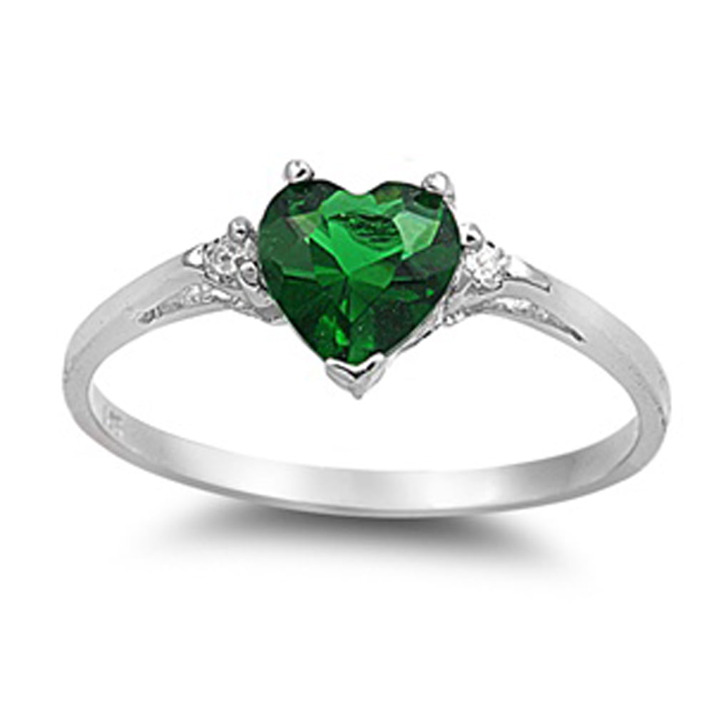8mm Choose Your Color Glitzs Jewels Sterling Silver Simulated Emerald and Cubic Zirconia Heart Ring
