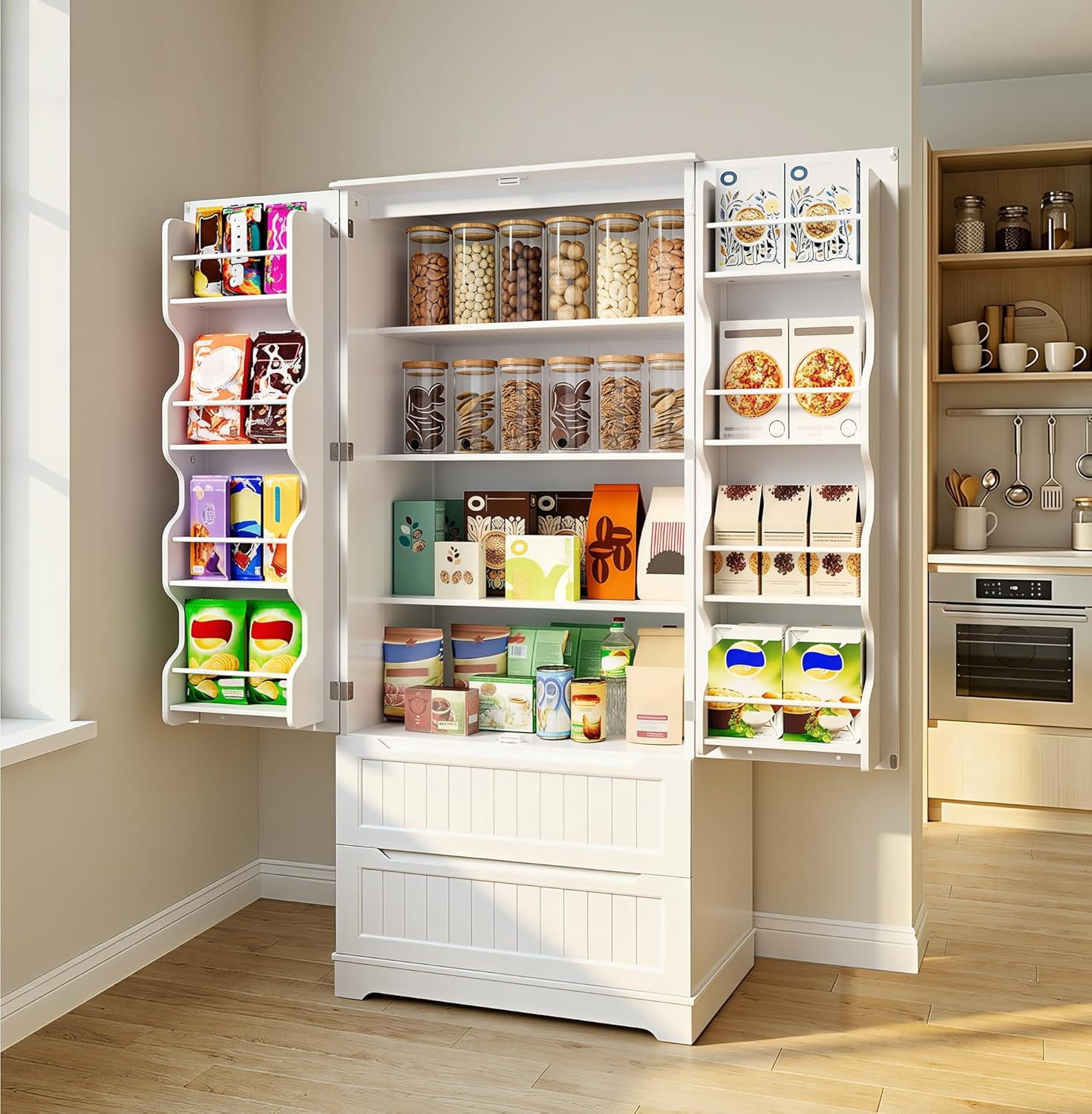 71" Tall Kitchen Pantry Cabinet with Drawers for Dining Room, Noelse Food Pantry Storage Cabinet with 8 Door Shelves for Snack and Spice, Large Craft Storage Cabinet for Craft Room, White, Painted