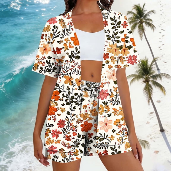 Roncen Women's 2 Piece Hawaiian Vacation Outfits Floral Print Short Sleeve Shirts and Shorts Beach Sets Resort Wear