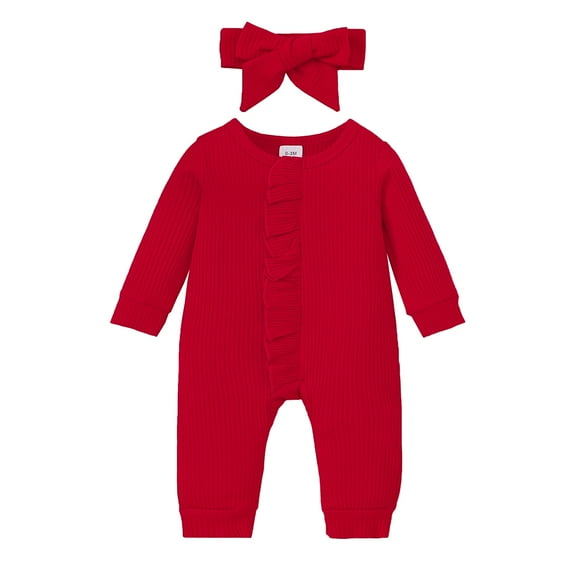 12 Months Baby Girls Clothes 18 Months Girls One-piece Bodysuit Solid Color Infant Girls Long Sleeve Crew Neck Romper with Headband Red