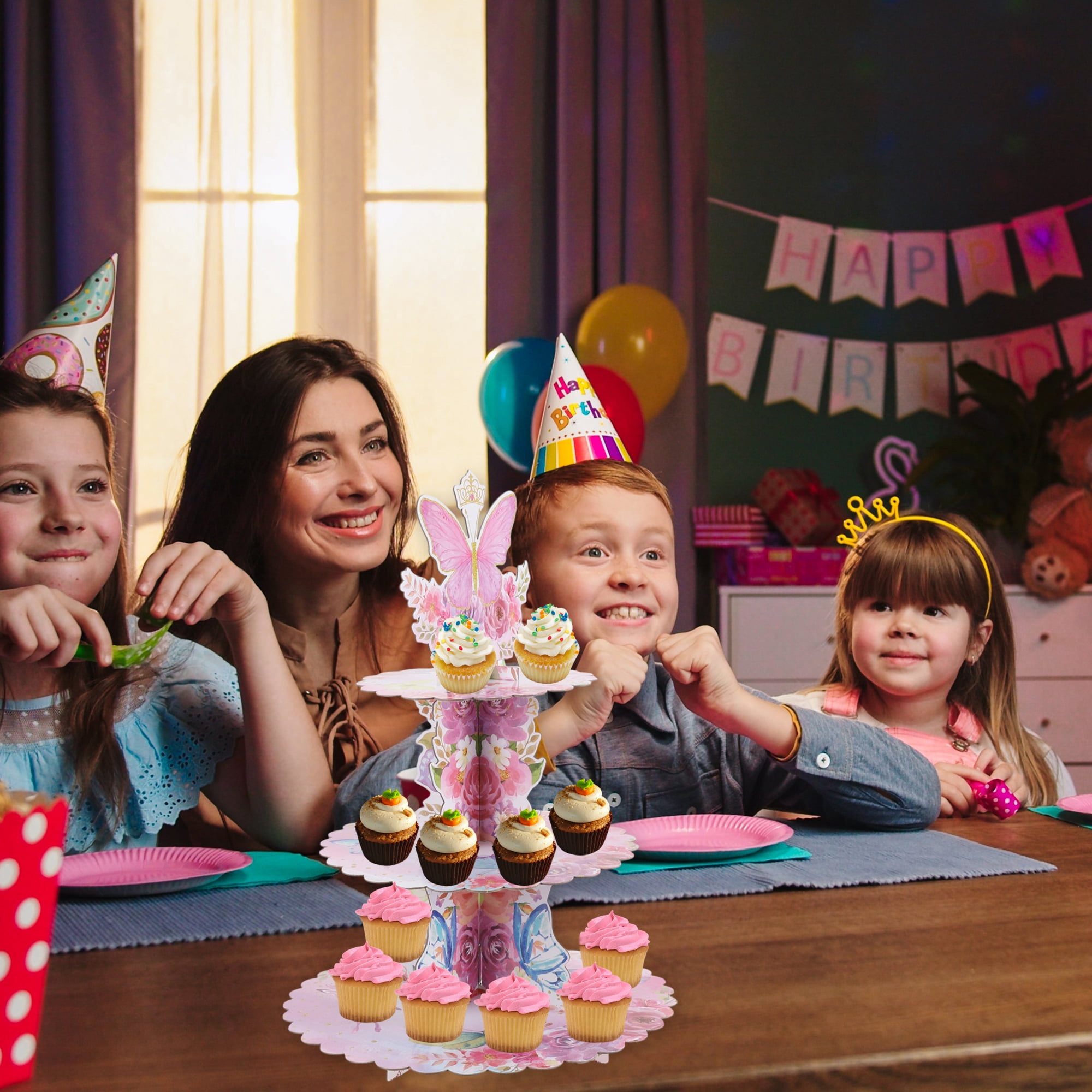 Unique Bargains 3-Tier Butterfly Pattern Cupcake Stand Tower for Birthday Wedding Party
