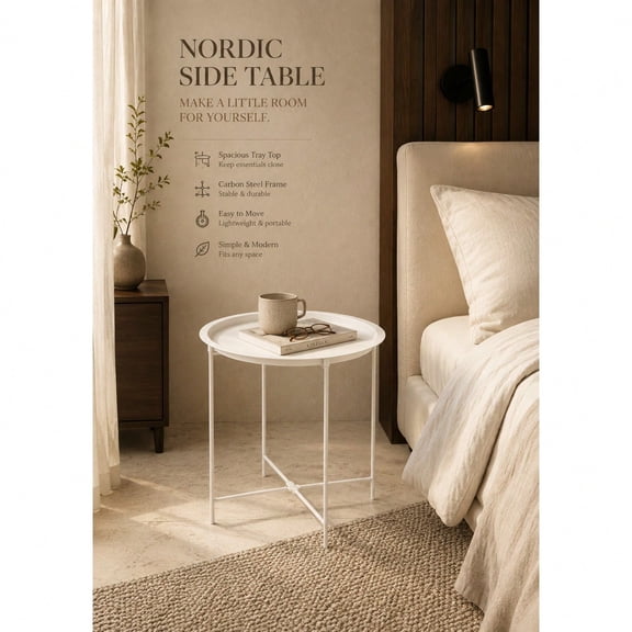 White Round Side Table, Modern Tray Top End Table, Small Accent Table for Living Room, Bedroom, Bedside & Small Spaces, Minimalist Compact Coffee Table