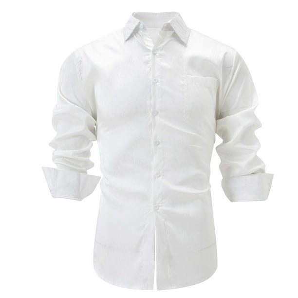 Ceisia Men's Solid Satin Long Sleeve Dress Shirt with Chest Pocket for Business & Casual Wear White L Gifts