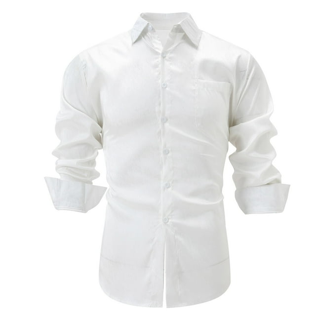 Ceisia Men's Solid Satin Long Sleeve Dress Shirt with Chest Pocket for Business & Casual Wear White XXXL Gifts