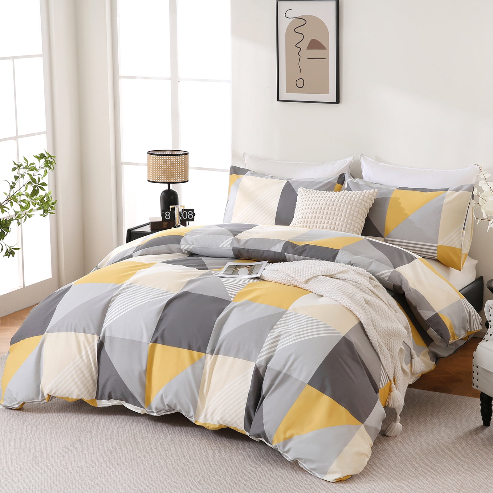 Move Over Yellow and Gray Duvet Cover Set King 100% Cotton Geometric Duvet Cover Set Soft and Breathable Yellow Gray Neatural Style Geometric Plaid Bedding Set with Zipper Closure and Corner Ties