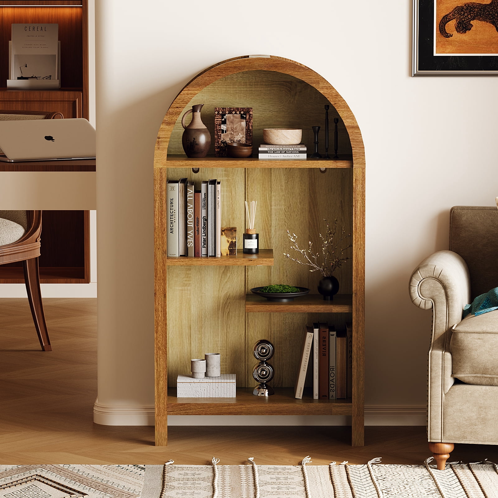 4-Tier Arched Top Freestanding Shelf, Asymmetrical Open Storage Cabinet, Wood Display Shelf for Entryway, Living Room, Bedroom, Hallway