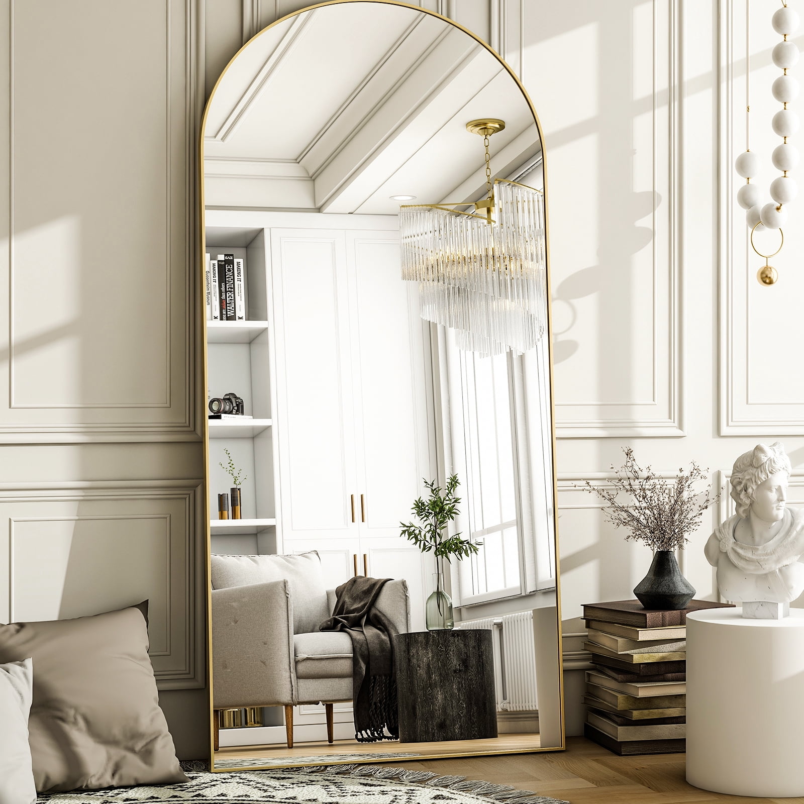 Anyrose 76"x34" Arched Large Full Length Mirror Free-Standing Wall-Mounted Floor Mirror with Stand, Gold