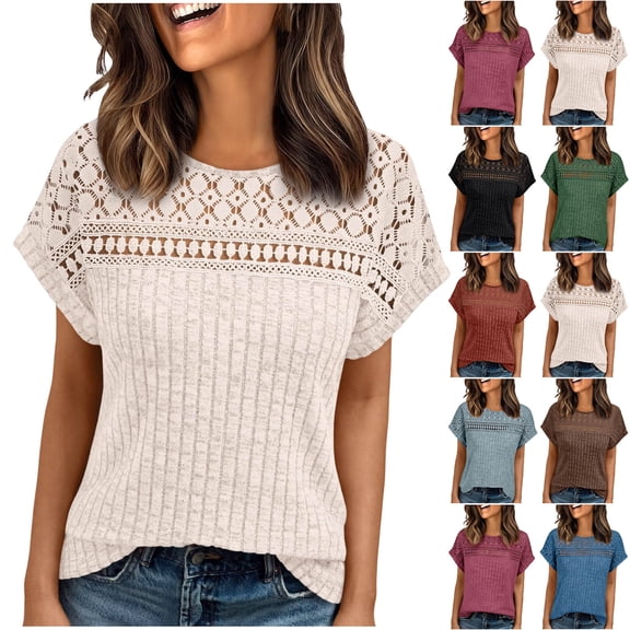 Ashirexll Womens Casual Tops, Fashion Solid Color Pique Brushed Panel Lace Loose Short Sleeve T Shirts