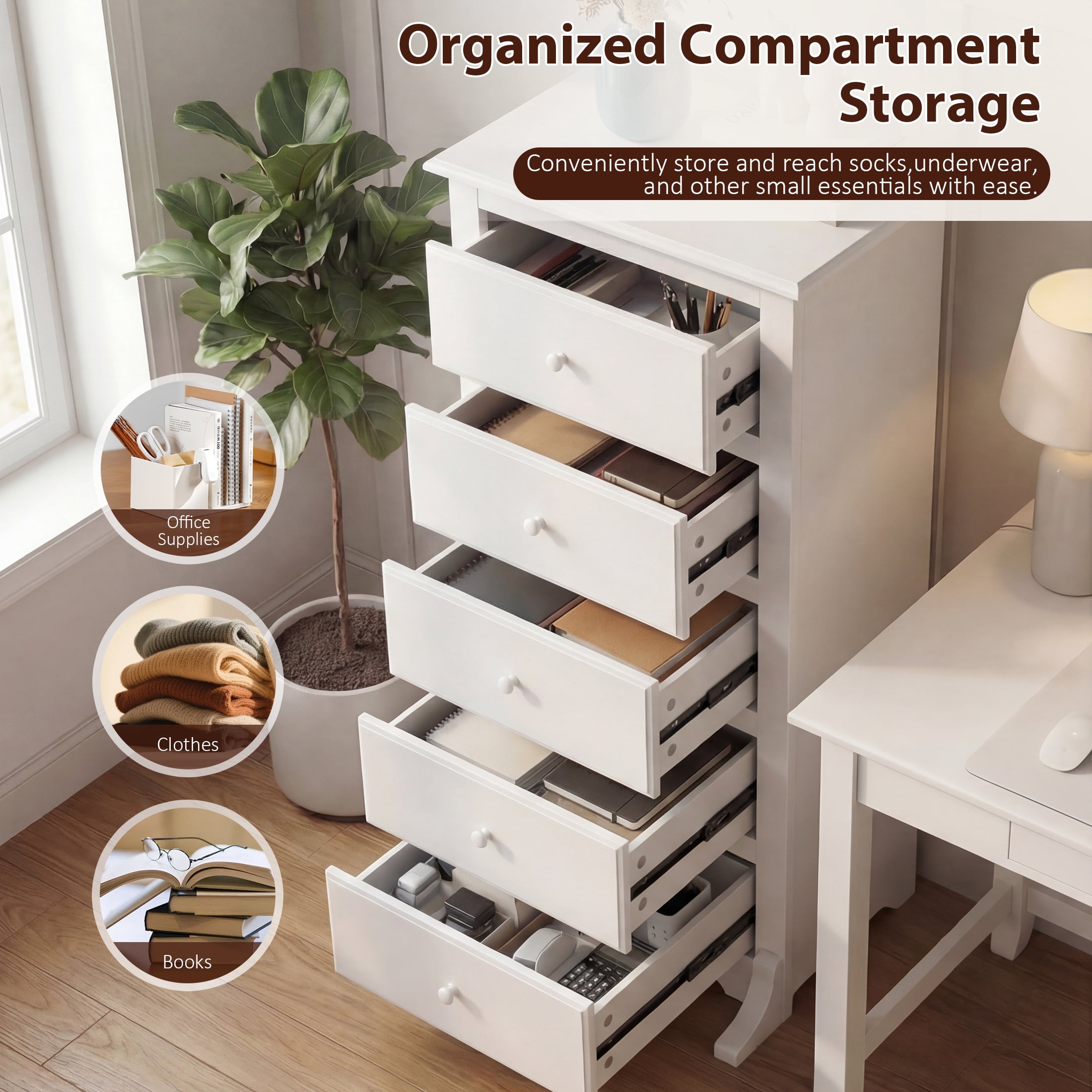 EDX 6 Drawer Wooden Dresser Chest for Bedroom, 19" x 23.25" x 52.75", Storage Cabinet for Living Room Closet, White