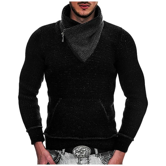 Bpyeka Men's Shawl Collar Wrap V-Neck Knit Sweater Long Sleeve Ribbed Pullover With Pocket Casual Warm Winter Jumper S-3XL