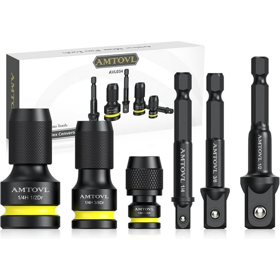 AMTOVL Impact to 1/4 Hex Converter - 1/2 3/8 1/4-INCH Drive Female to 1/4-Inch Hex Adapter with 3PCS Socket Adapter Set for Ratchet Wrench Drivers, Impact Bit Holders, Quick-Change Chuck