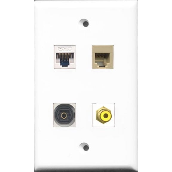 RiteAV 1 Port RCA Yellow and 1 Port Phone RJ11 RJ12 Beige and 1 Port Toslink and 1 Port Cat5e Ethernet White Wall Plate