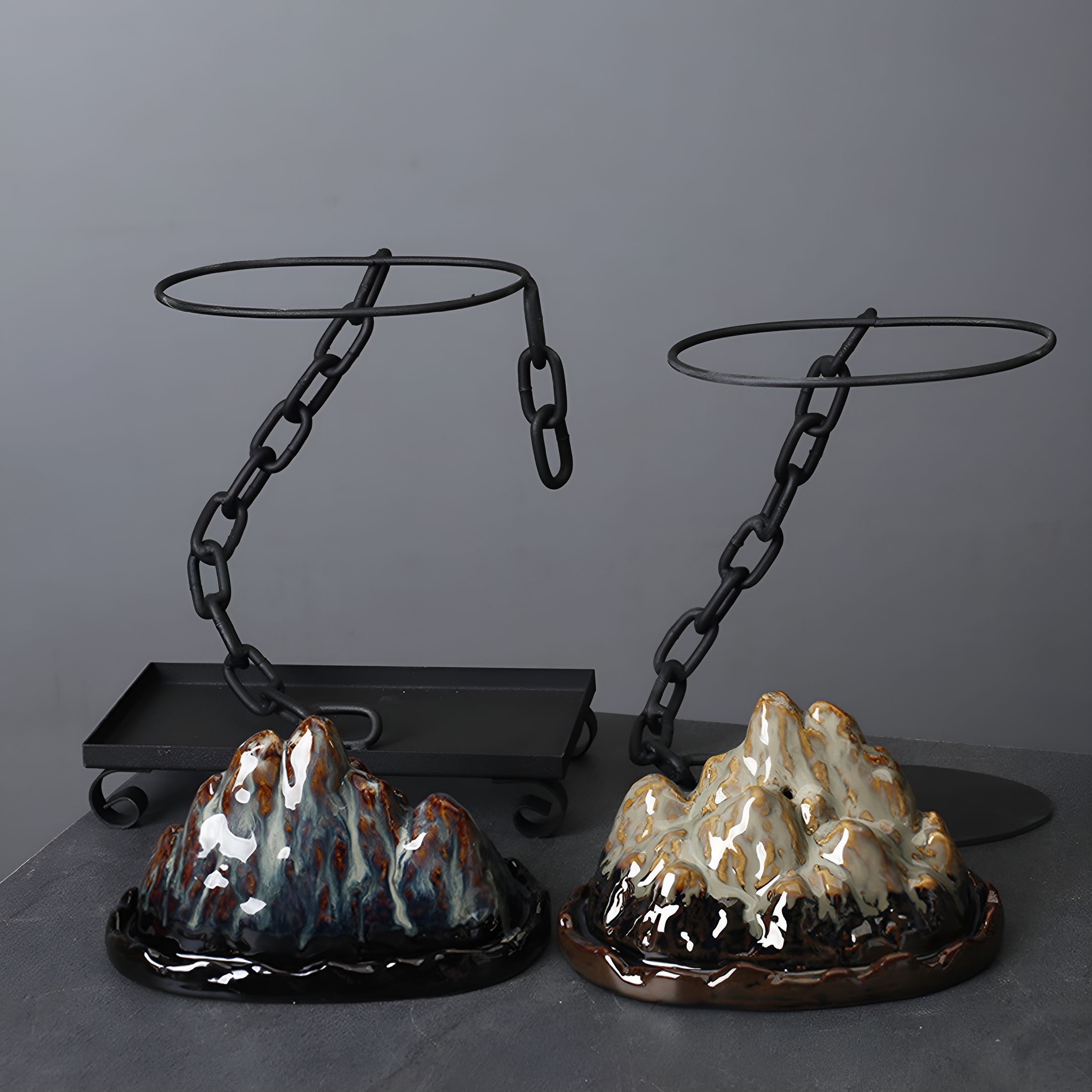ACDANC Succulent Planter Pot Simulation Rockery Chain Suspension Hanging Type Ceramics Pot Ornament Iron Art Landscape Bonsai Planter Living Room Decoration Garden Supplies