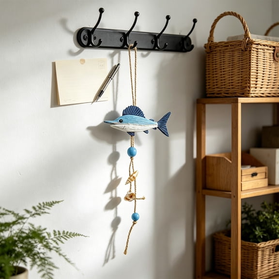 Wooden Fish Wall Hanging Decor, Handmade Nautical Coastal Ornament with Sea Theme, Beach Wall Accent for Bathroom, Bedroom, Living Room, Patio and Seaside Home Display, Coastal Accent, Sky Blue