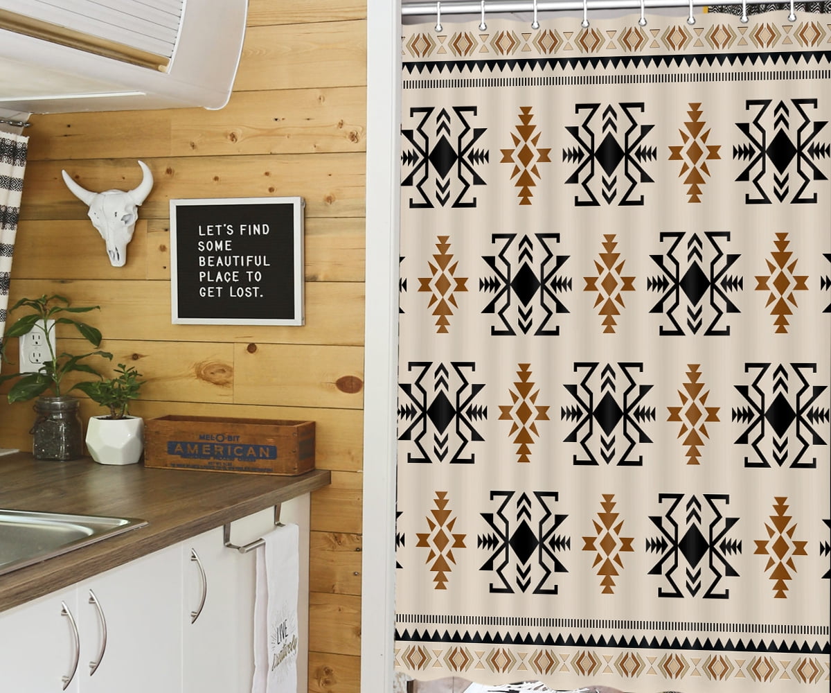 JAWO Camper RV Western Aztec Shower Curtain for Travel Trailer Bathroom, Boho Southwest Rustic Camping Small Narrow Fabric Shower Curtains Set, Happy Camp Outdoor Decor Accessories with Hooks 47X64