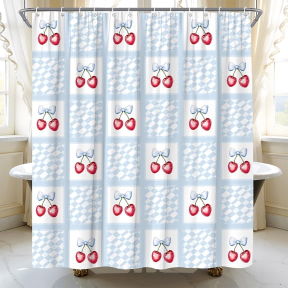 Red Cherry Bow Shower Curtain Blue and White Checkered Modern Aesthetic Simple Girls Bathroom Decor(36''''Wx70''''L)