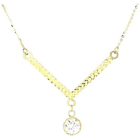 American Designs Jewelry Round Clear CZ 14kt Yellow Gold Diamond-Cut Y Bar Necklace, 18 Chain
