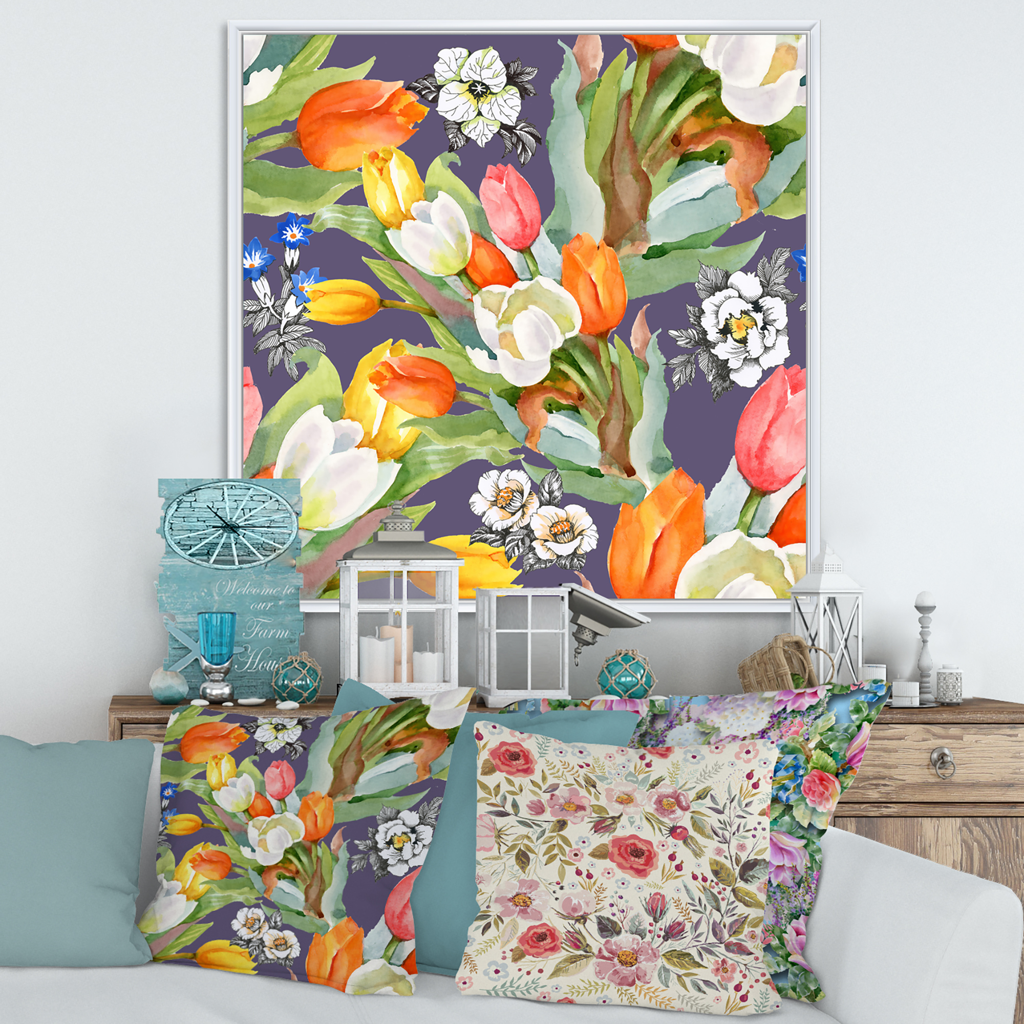 Designart 'Blooming Orange and White Tulips III' Traditional Framed Canvas Wall Art Print