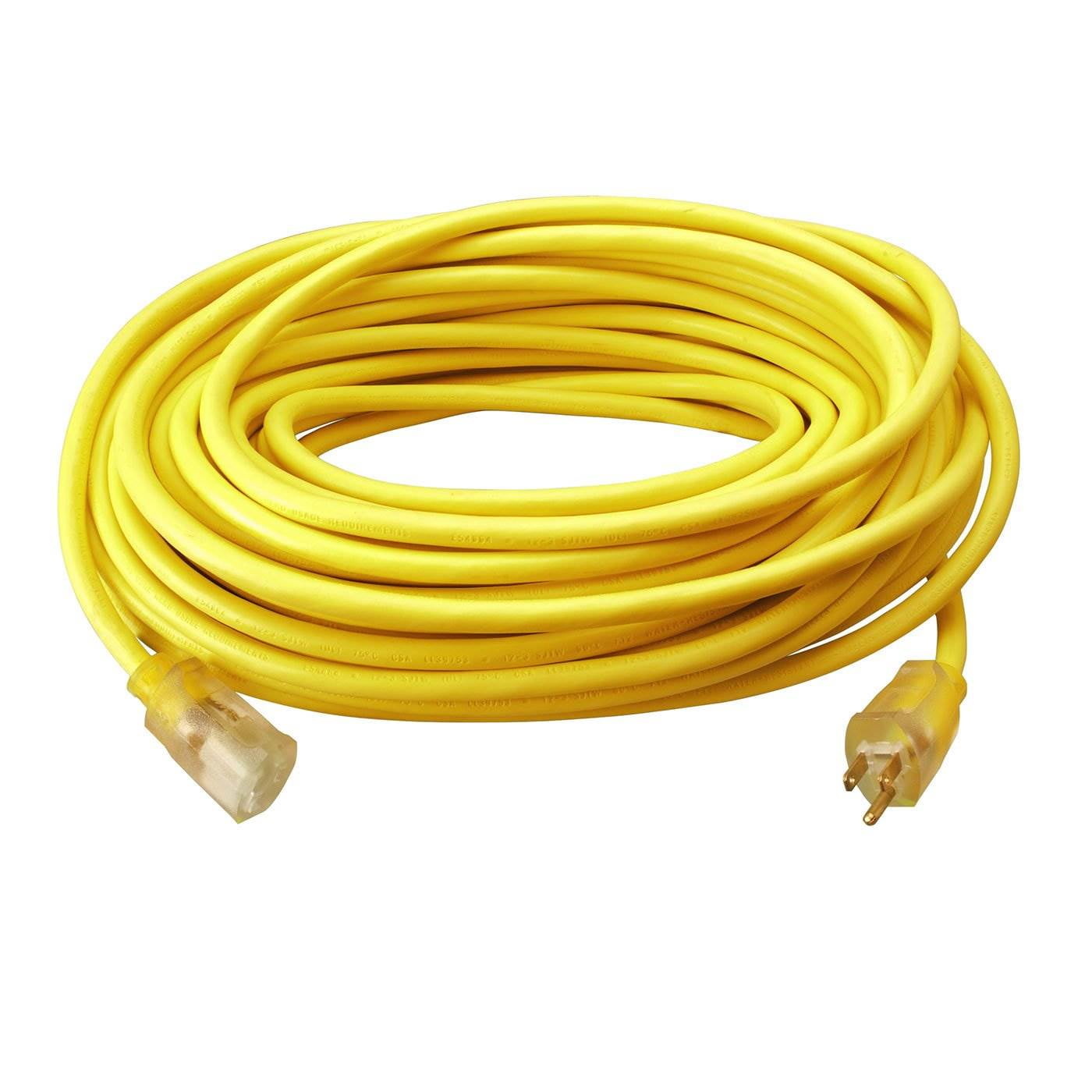 ZLE123100L 100ft 12/3 SJTW Heavy Duty Extension Cord With Lighted End, Yellow | Outdoor Jobsite Power Cord