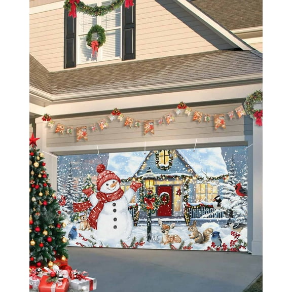 Fsddascl 7 x 16 Ft Christmas Garage Door Cover, Christmas Large Garage Door Banner, Snowman Farmhouse Xmas Snowflake Tree Hanging Garage Mural Background for Indoor Outdoor Xmas Party Supplies
