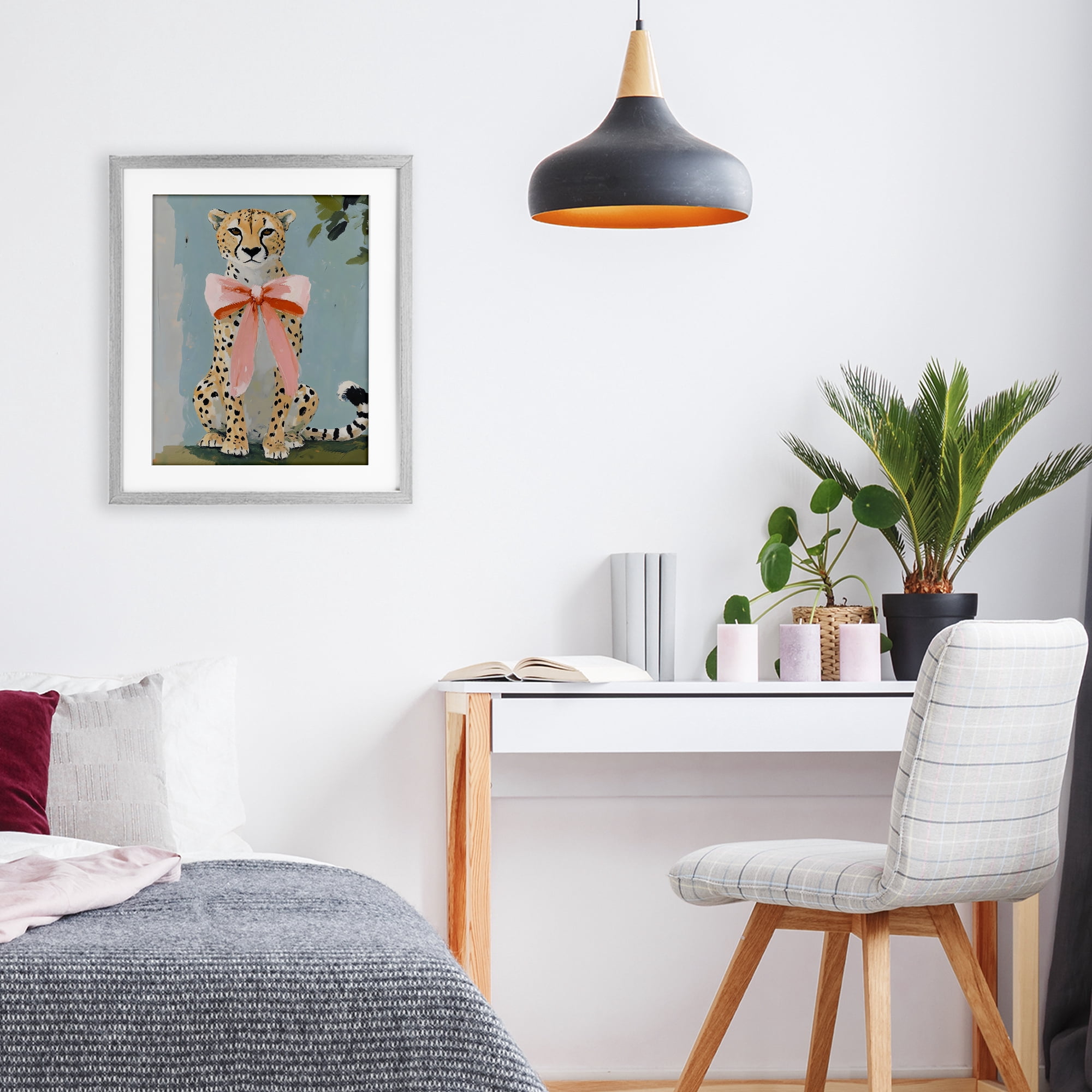 Stupell Industries Cheetah with Big Pink Bow Gray Framed Print Under Glass, design by The Prints Vibe