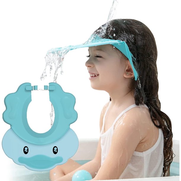Gorro de ducha para bebé azul, gorros de baño con visera ajustable, protector de sombrero de champú, visera de baño para bebé, protege los ojos y oídos de los niños, bonito gorro de ducha Rojo Verde Cocina, Decoración y Otros
