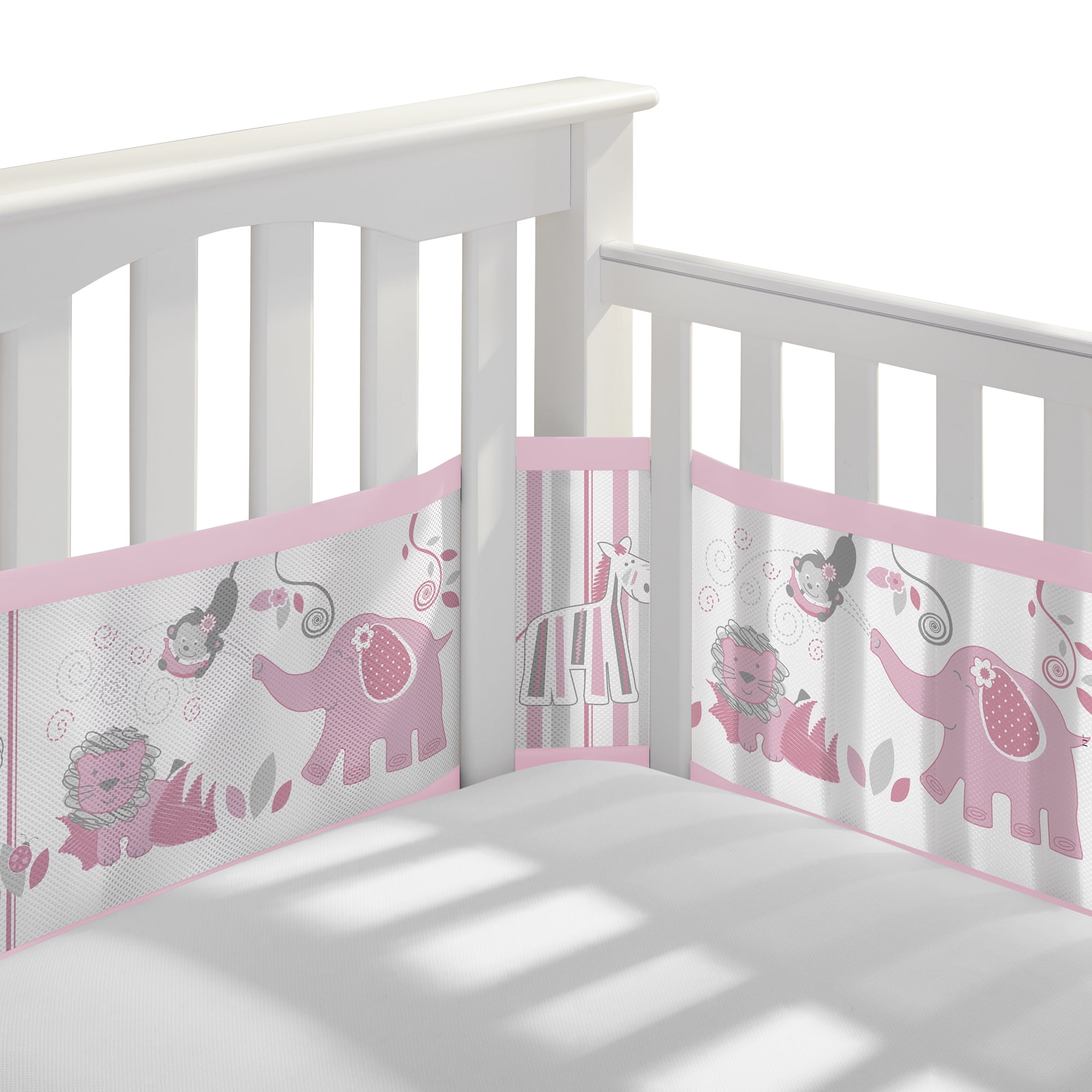 BreathableBaby Breathable Mesh Liner for Full Size Cribs Classic 3mm Mesh Forest Fun Pink Size 4FS Covers 3 or 4 Sides