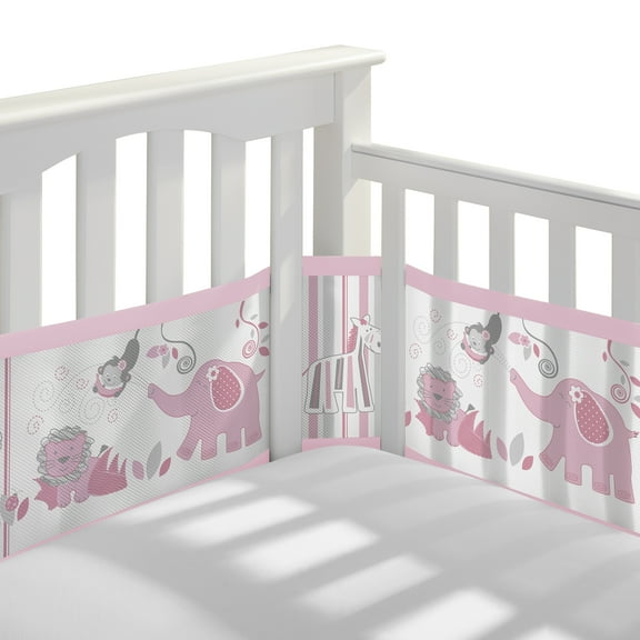 BreathableBaby Breathable Mesh Liner for Full-Size Cribs, Classic 3mm Mesh, Safari Fun Pink (Size 4FS Covers 3 or 4 Sides)