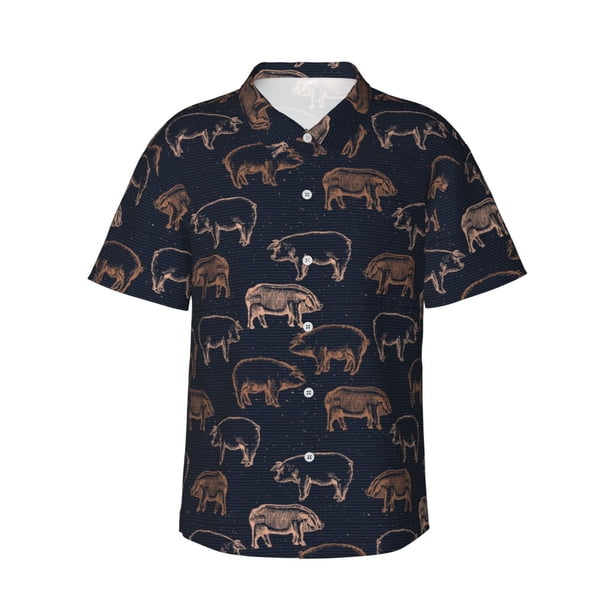 Fotbe Pig Farm Camisa Hawaiana para Hombre Unisex – Camisa Casual de Verano con Botones de Manga Corta de Algodón y Lino,Medium