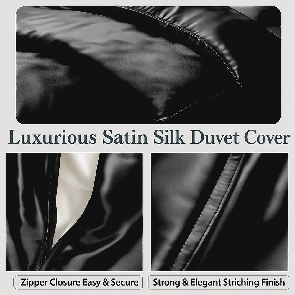 Amay Satin Silk California King Duvet Cover Set (98"×104", Black ) – Elegant Shine & Comfort – Ideal for Long Beds, Luxury Bedrooms – 3-Piece Set
