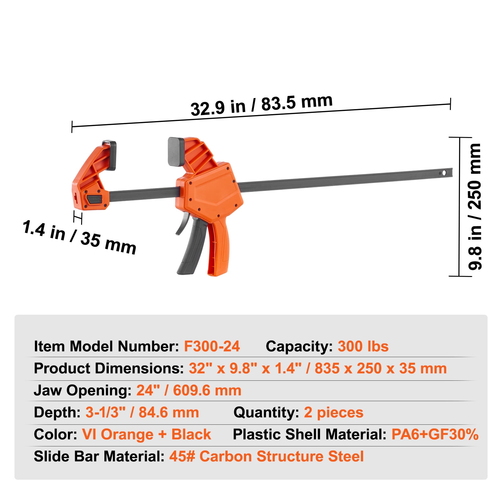 BENTISM Bar Clamps for Woodworking, 2 PCS 24" One-Handed Clamp/Spreader, Quick-Change F Clamp with 300 lbs Load Limit, High-strength Plastic and Carbon Steel, Wood Clamps for Woodworking