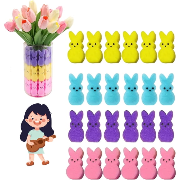 60PCS Easter Sponge Bunnies Vase Filler, 4 Colors Easter Peep Sponges, Artificial Peeps Sponges Vase Filler Centerpiece Table Decorations, Easter Rabbit Spring Home Decoration