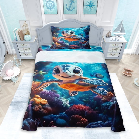 Erosebridal Teens Cartoon Sea Turtle Twin Sheet Sets 3pcs,Boys Girls Kawaii Coastal Ocean Animal Bedding,Ultra Soft Home Decor