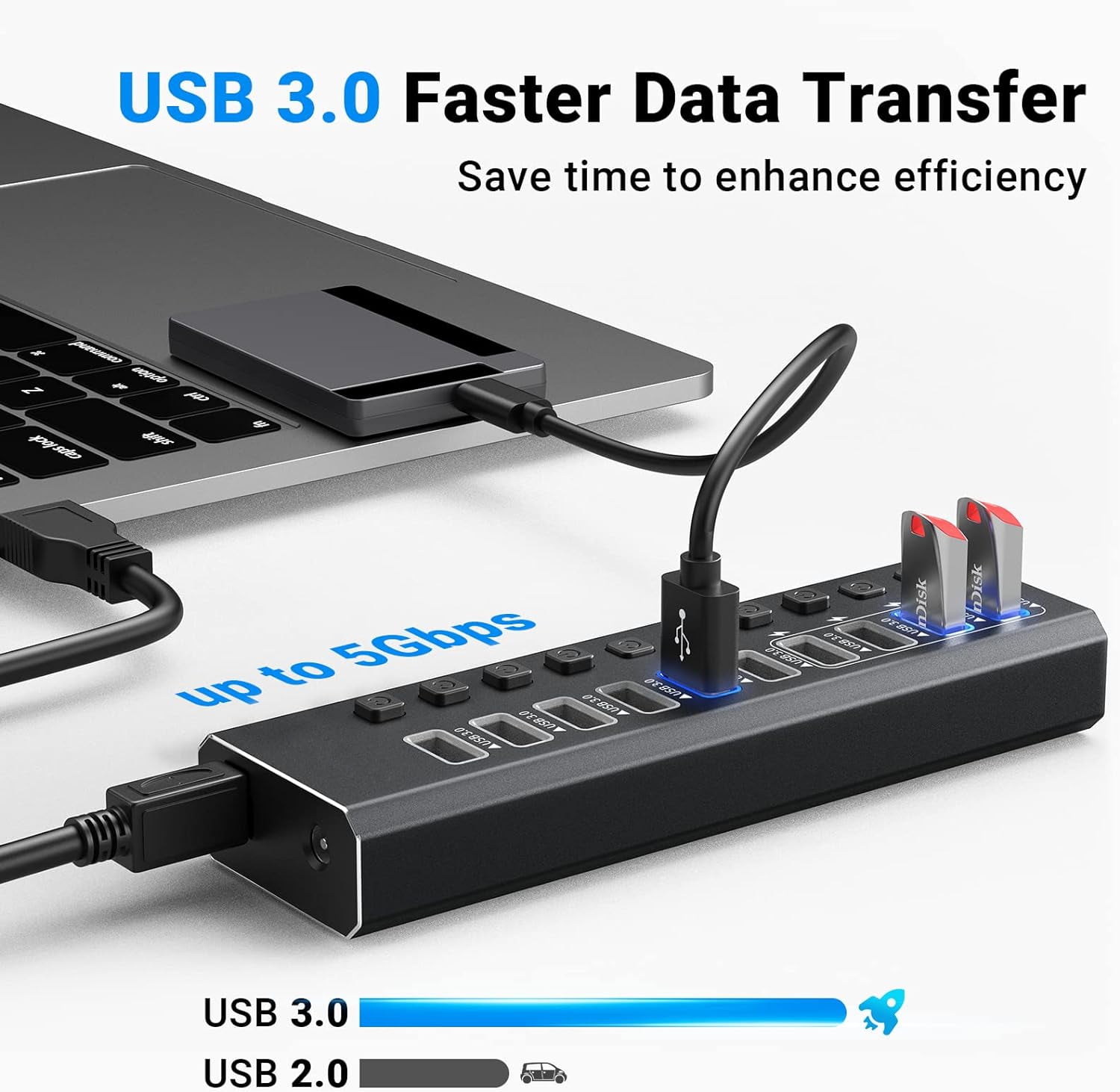 AUBEAMTO  16-Port Powered USB3.0 Hub, USB3.0 Hub [Durable Aluminum] 16Data Transfer Ports+ 4 Smart Charging Ports with Individual On/Off Switches, USB Hub 3.0 Powered with Power Adapter for Laptop PC