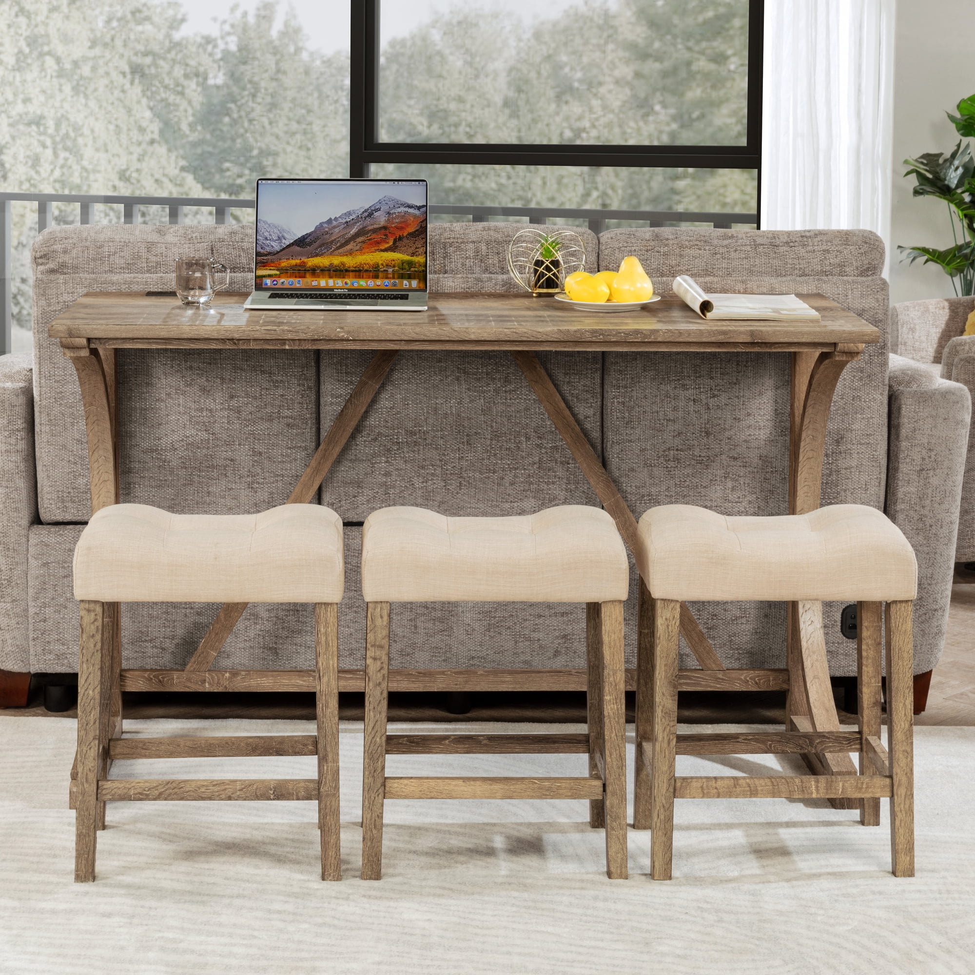 Gewnee 4 Piece Bar Table Set,Counter High Bar Table Set with Power Outlet and 3 Linen Chairs,Industrial Breakfast Table for Kitchen,Living Room.Brown