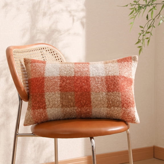 Orange Plaid Fall Throw Pillow 18x18 Inch Boucle Decorative Pillow Cozy Home Living Room Farmhouse Decor For Sofa Couch Bed （No Core）