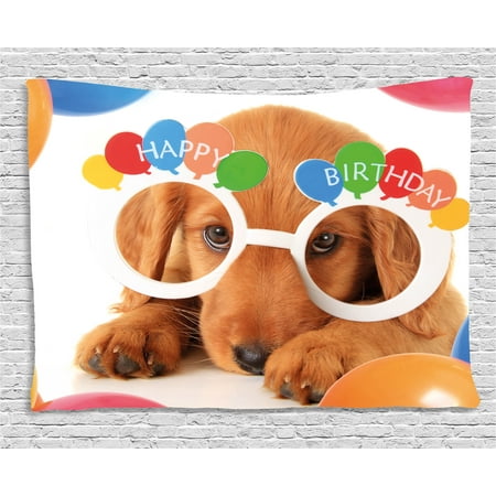 Dog Themed Bedrooms Birthday Decorations for Kids Tapestry, Puppy Dog Golden with Glasses Balloons Present Party Theme, Wall Hanging for Bedroom Living Room Dorm Decor, 60W X 40L Inches, Multicolor, by Ambesonne ()