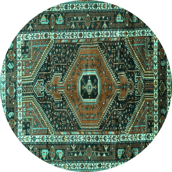 Ahgly Company Machine Washable Indoor Round Persian Turquoise Blue Traditional Area Rugs, 7' Round