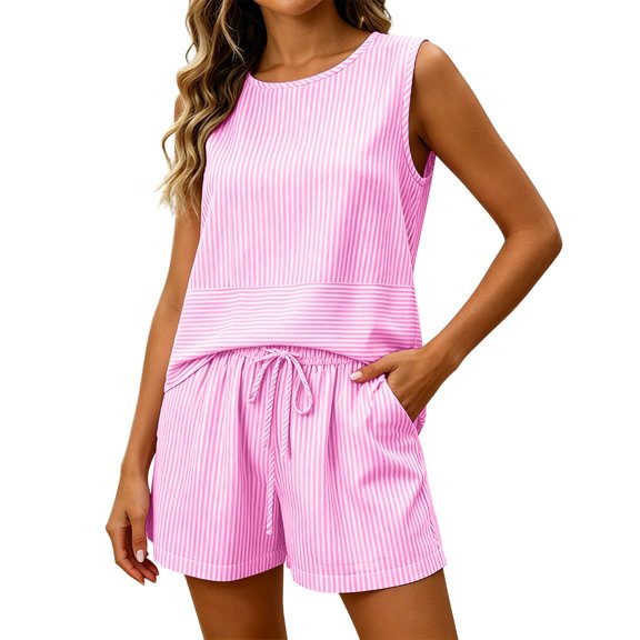 Arlun Women's Trendy Striped 2 Piece Sets Summer Sleeveless Crew Neck Tank Top Matching Drawstring Shorts Sets Casual Relaxed Fit Comfortable Beach Vacation Outfits 2026 Pink XL
