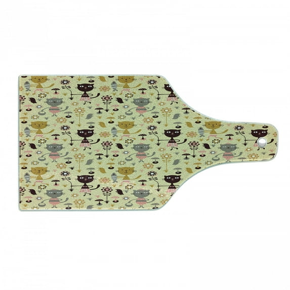 Cat Cutting Board, Feline Animals Holding Fish and Flowers in Forest with Mushroom and Squirrels, Decorative Tempered Glass Cutting and Serving Board, Wine Bottle Shape, Multicolor, by Ambesonne