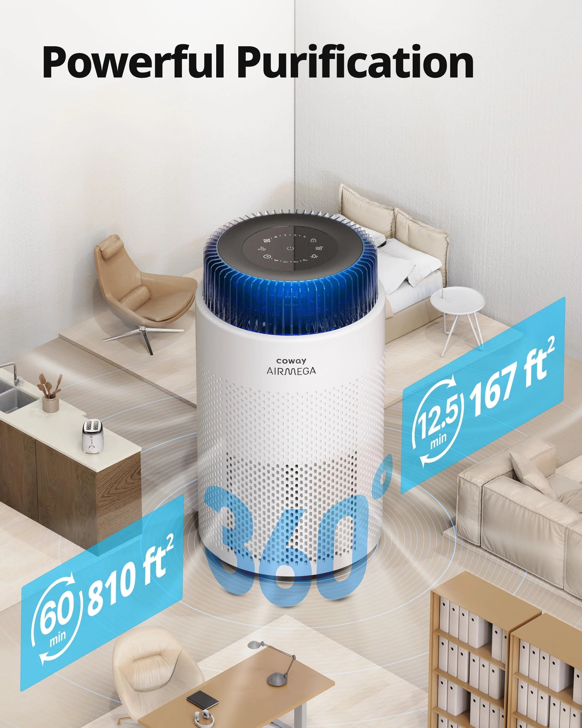 COWAY Air Purifier for Bedroom Home up to 810 ft², True HEPA Filter for Smoke, Allergies, Pet Dander, Odor, AQI Monitor, Auto&Sleep Mode, Timer, Filter Indicator, Night Light, 3yr Warranty, 100 White
