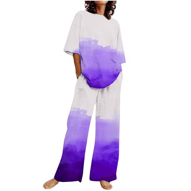 Conjunto Corto para las Mujeres Casual Suelto Encaje Casa Pantalones Impresos Y Blusa de Cuello Redondo de Dos Piezas